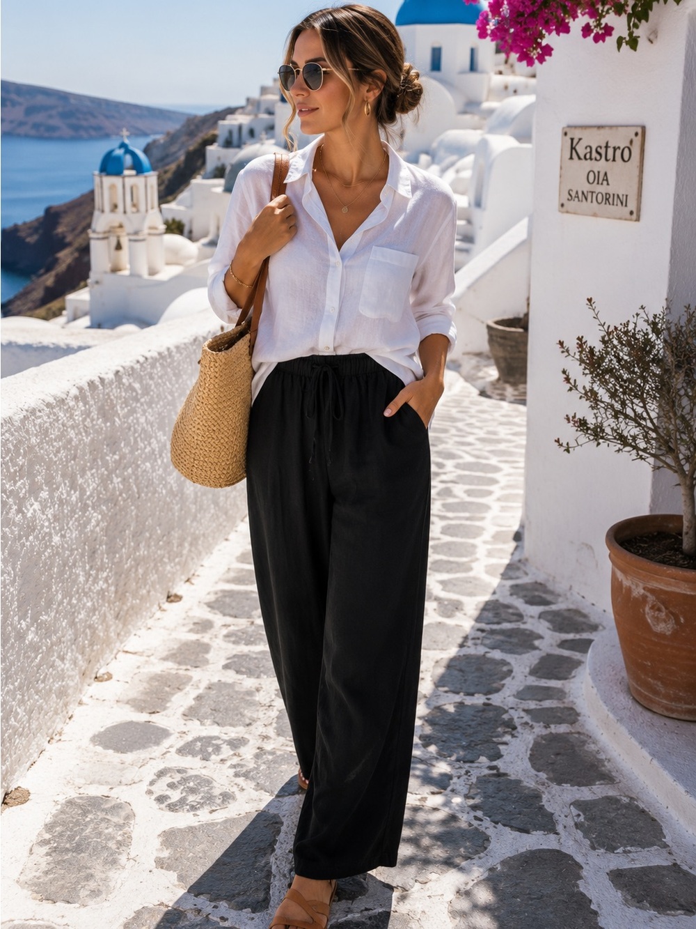 Black Wide Leg Flowy Pull-On Pants Elastic Waist Palazzo‎ Large
